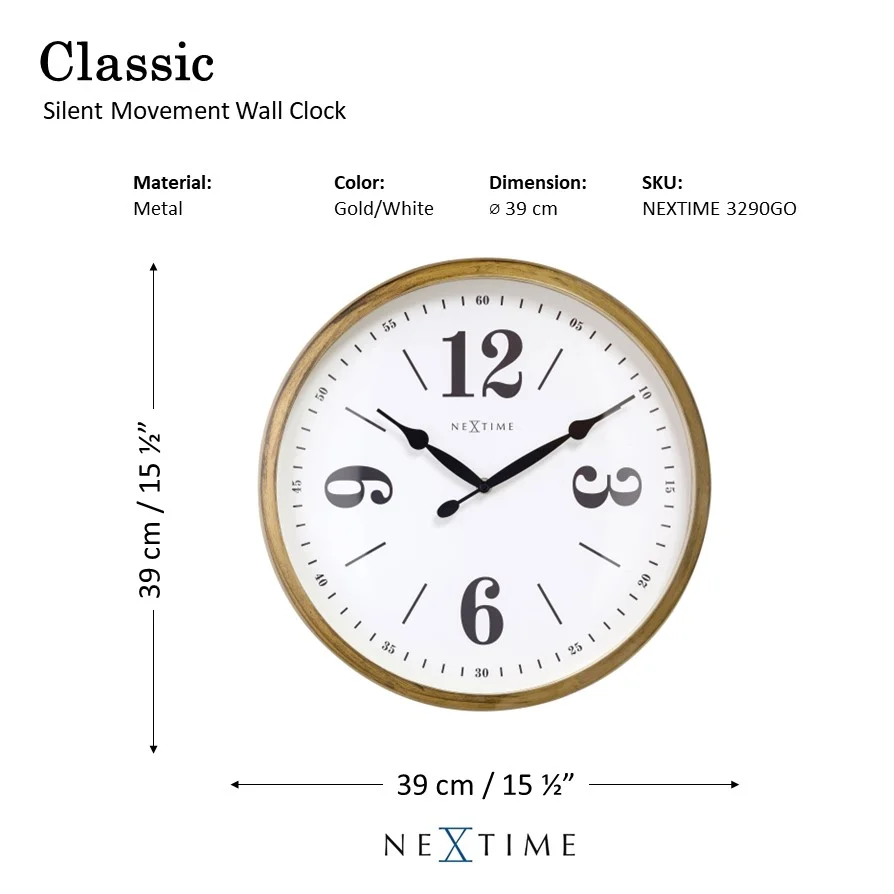 Nextime 39cm “Classic” Silent Movement Wall Clock – Metal