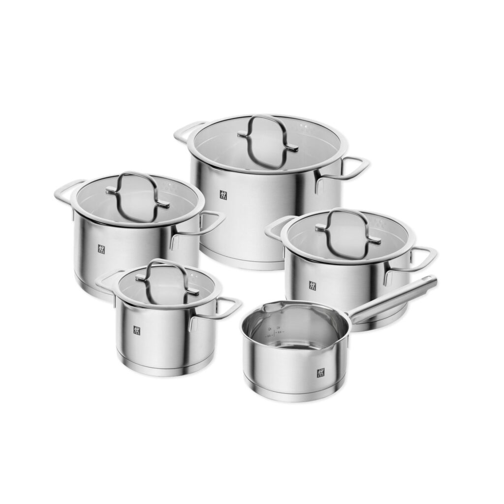 Zwilling TrueFlow 5 Pcs 18/10 Stainless Steel Cookware Set - 16 cm, 20 cm, 24 cm Stock Pot, 20 cm Stew Pot and 16 cm Saucepan - Glass Lid with Strainer