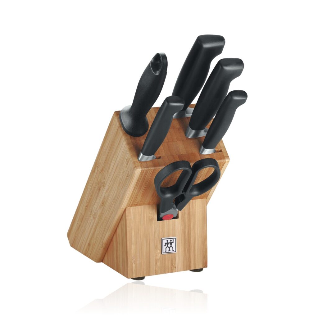 Zwilling Four Star 7 Pcs Knife Block Set - Paring, Utility, Slicing, Chef's Knife, Sharpening Steel, Multi Purpose Shear and Wooden Block